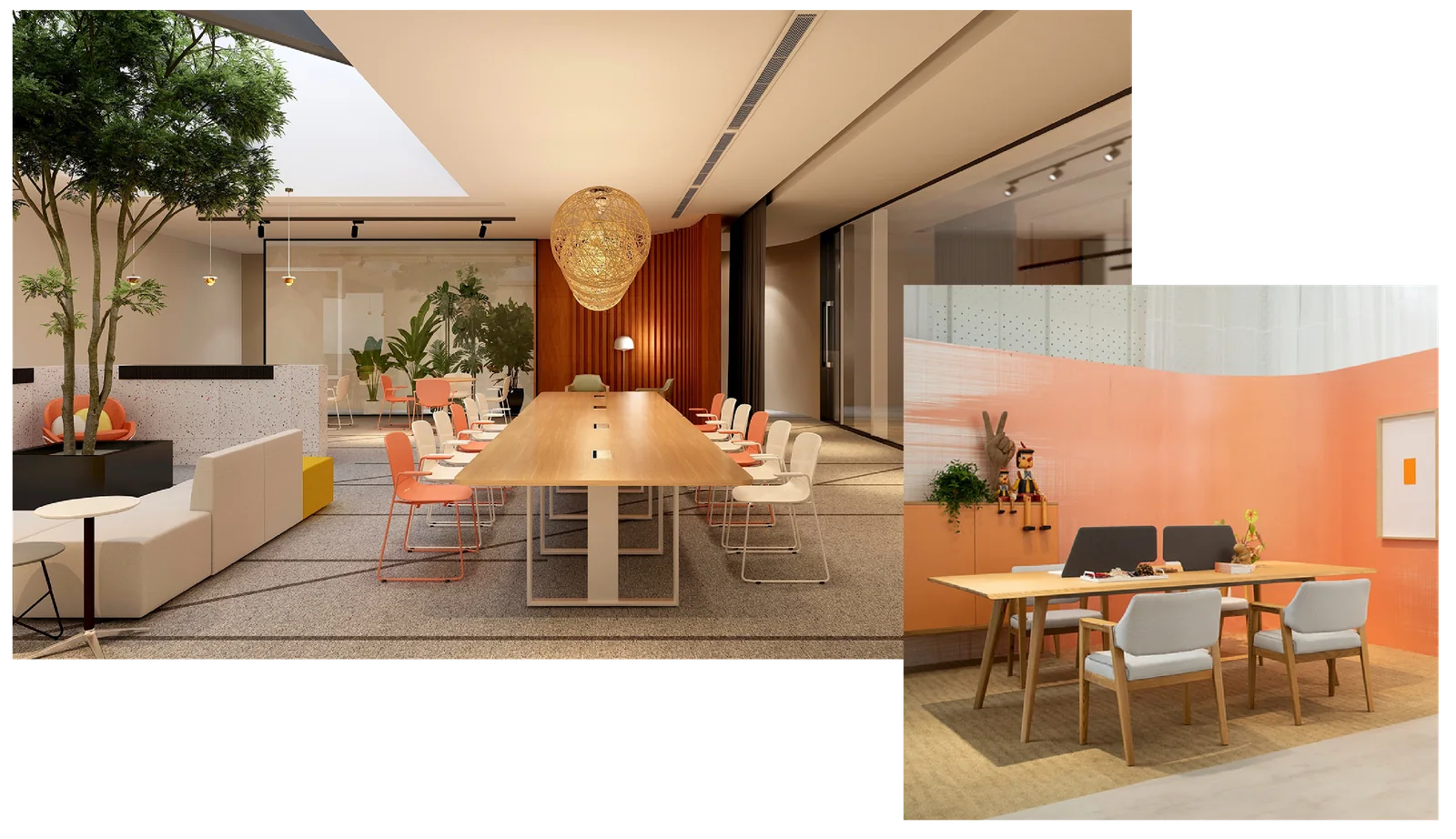 Modern meeting room and an orange-toned office lounge designed by Elegant Deco