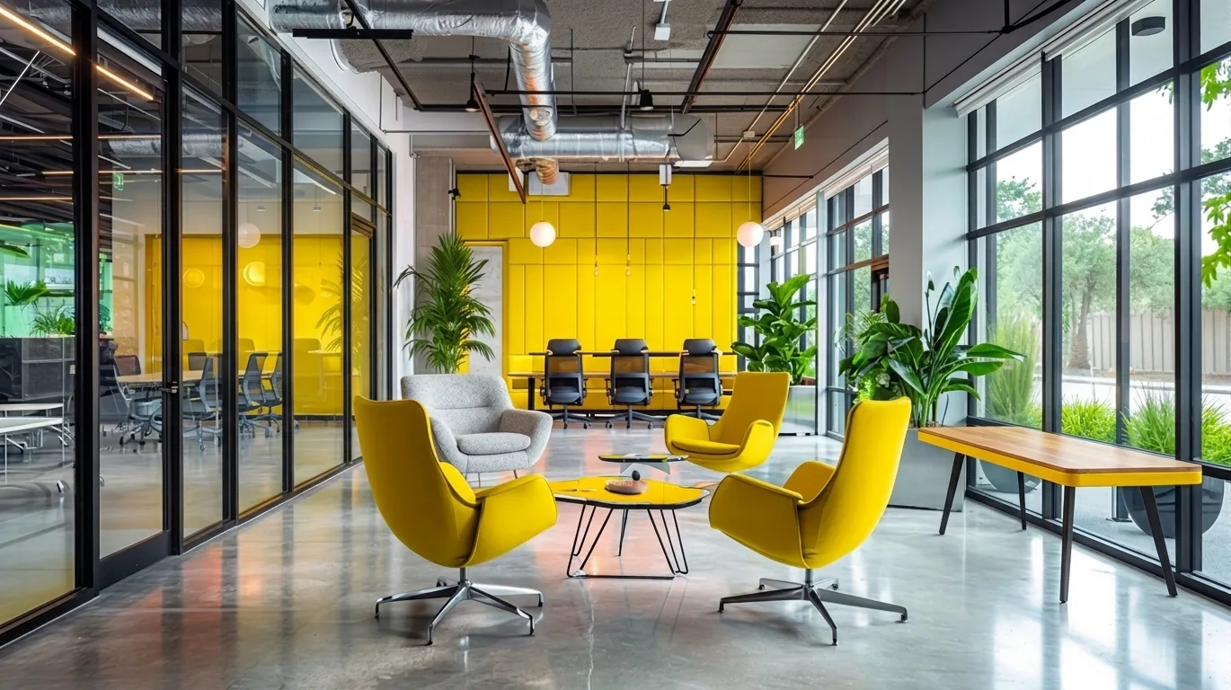 Modern office interior with yellow lounge chairs and glass partitions