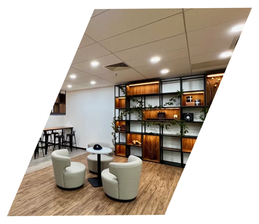 Lounge and open shelving in the HR Tag office