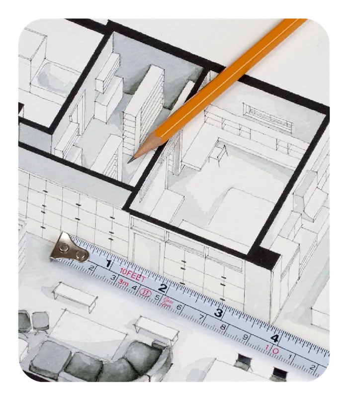 Office floor plan with pencil and scale ruler